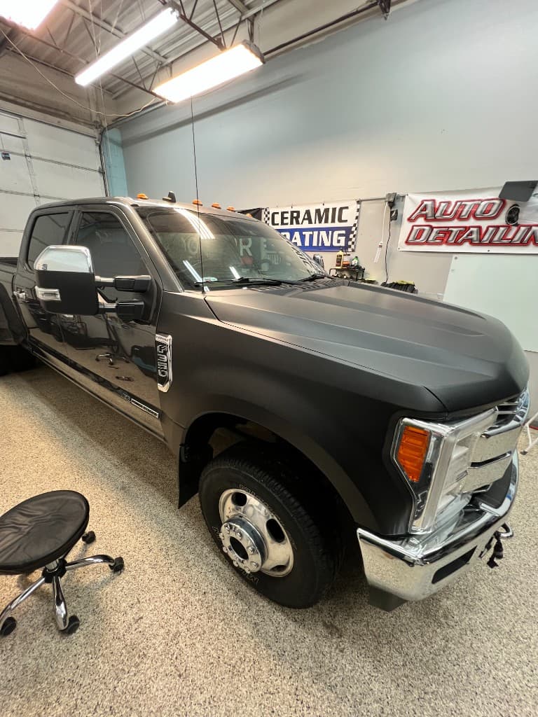 Ford F-350 dually with matte black hood wrap — Doctor Detail Eagan MN