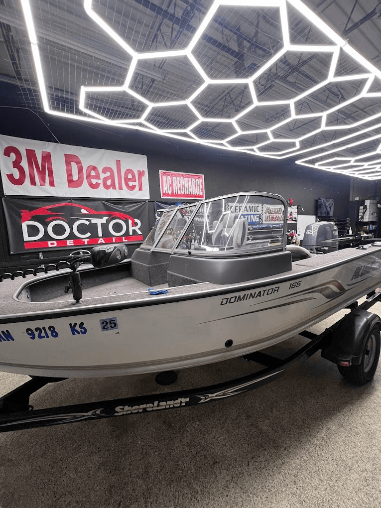 Boat detail inside Doctor Detail shop — 3M Authorized Dealer Eagan MN