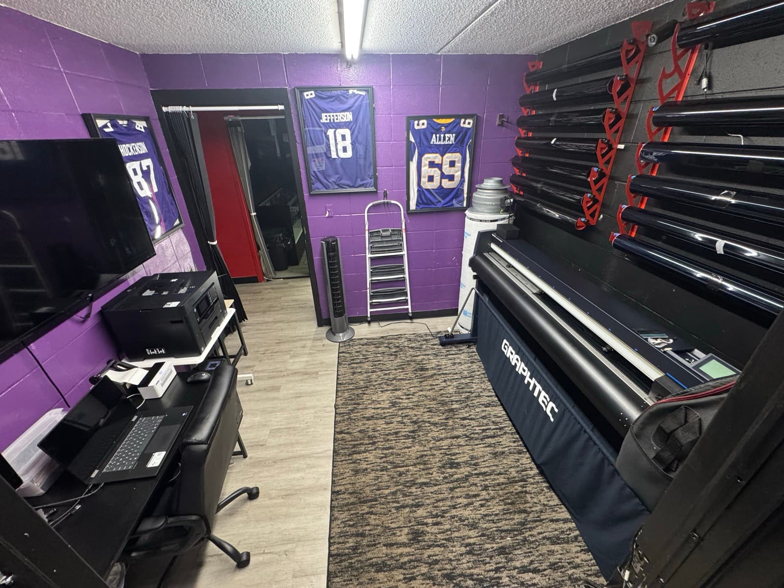 Doctor Detail cutting room — Graphtec plotter, 3M software workstation, and film rolls — Eagan MN