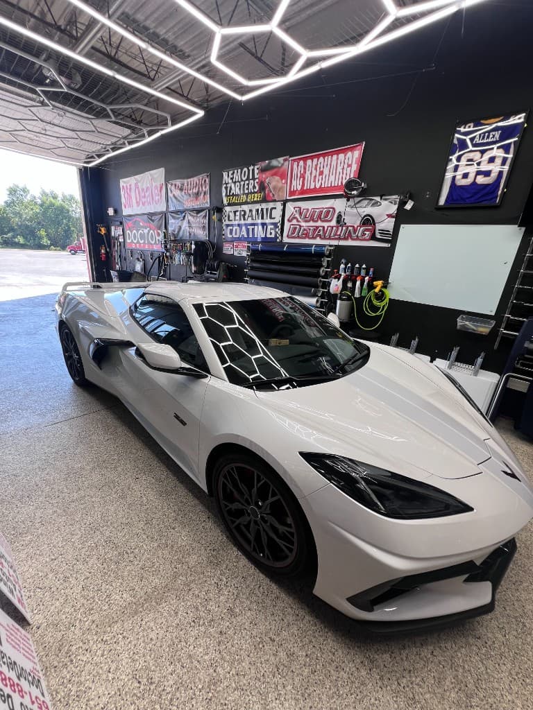 White Corvette C8 in Doctor Detail shop — Eagan MN