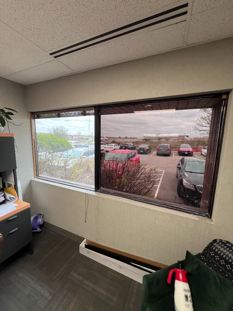 Office window before and after commercial tint comparison — Doctor Detail Eagan MN